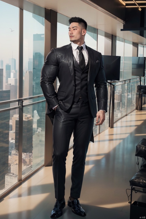  (best quality, masterpiece, super high resolution, realism, illustrations, volumetric lighting,)
(single, solo,A Chinese man,beard, strong, A majestic body, Muscular, strong triceps, strong and Bulging pectoral muscles,full body,)
(Men's formal attire, Black leather shoes):1.5,
(He was looking at the view from the balcony):1.5,
(In the office of a skyscraper):1.7,
jzns,sj,1man