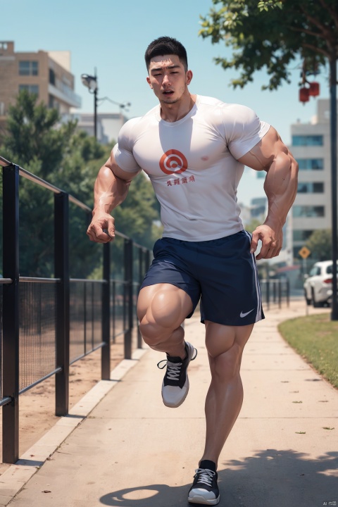  (best quality, masterpiece, super high resolution, realism, illustrations, volumetric lighting,)
(single, solo,A Chinese man,beard, strong, A majestic body, Muscular, strong triceps, strong and Bulging pectoral muscles,full body,)
(White shirts, shorts, sneakers):1.5,
(He was running on the playground):1.5,
jzns,sj,1man