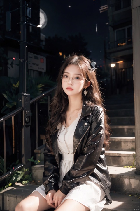  paper background,1girl,long hair,looking at viewer,earrings,solo,closed mouth,open jacket,open clothes,hair ornament,wavy hair,black jacket,tall buildings,bell towers,glass,reflections,streetlights,Tyndall Effect,dress,rain,rainy days,sitting_on_stairs,intense shadows,(night 1:2),Cinematic Lighting,city_lights,On a windy day,hair flutters,masterpiece, best quality, ,1girl , long hair,hair stick,hair ornament,jewelry, vision \(genshin impact\),,,anime, fantasy, magic, fairytale, a photo of a very young woman,, nikon d850,anatomically correct,depth of field，half frame glasses，