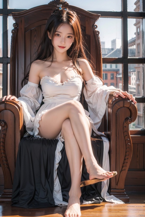  masterpiece, best quality, wavy hair, green eyes, smile, sitting, crossed legs, holding, tiara, frilled dress, strapless, cleavage, bare shoulders, fur trim, detached sleeves, barefoot, toes, anklet, jewelry, throne, reflection, backlight, yunqing, 1girl