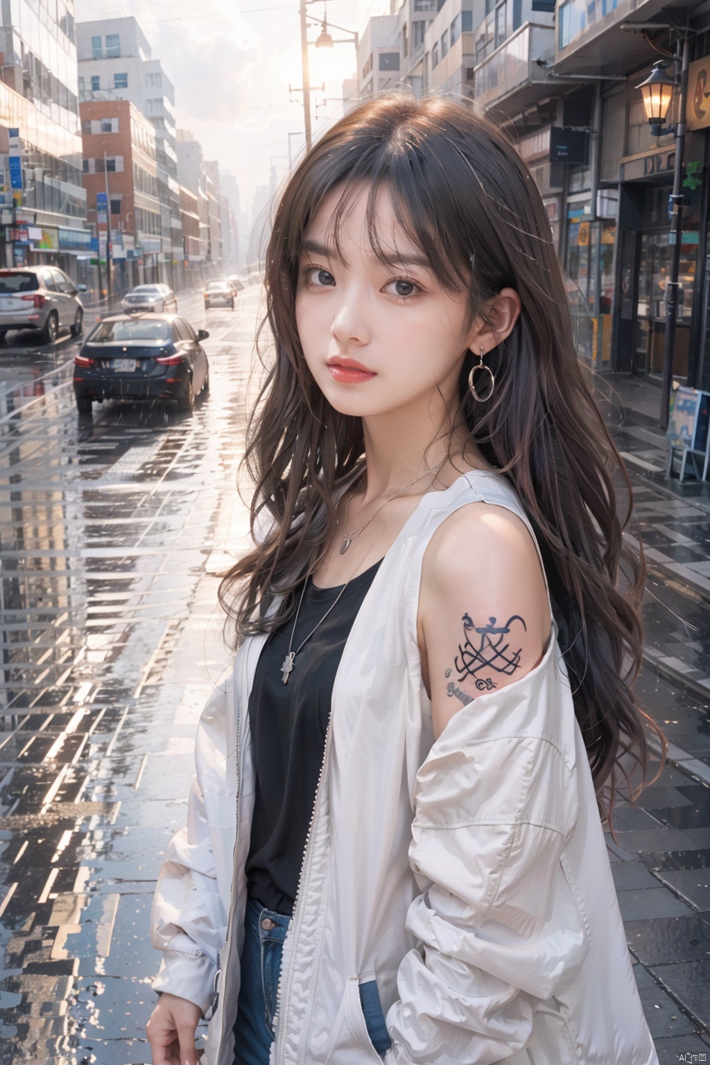  paper background, 1girl, long hair, jewelry, barcode,, looking at viewer, jacket, earrings, off shoulder, blush, solo,cowboy shot, bare shoulders, collarbone, closed mouth, necklace, bangs, tattoo, ahoge, open jacket, shirt, open clothes, hair ornament, wavy hair, sleeveless, white jacket, barcode tattoo, long sleeves, white shirt,, grey jacket, very long hair, sleeveless shirt,moyou,Half frame glasses,,(outdoors, rain, sky, deserted streets, watered-down pavements, crossroad, fork in the road),tall buildings,bell towers,glass,reflections,streetlights,sunset,Tyndall Effect,
