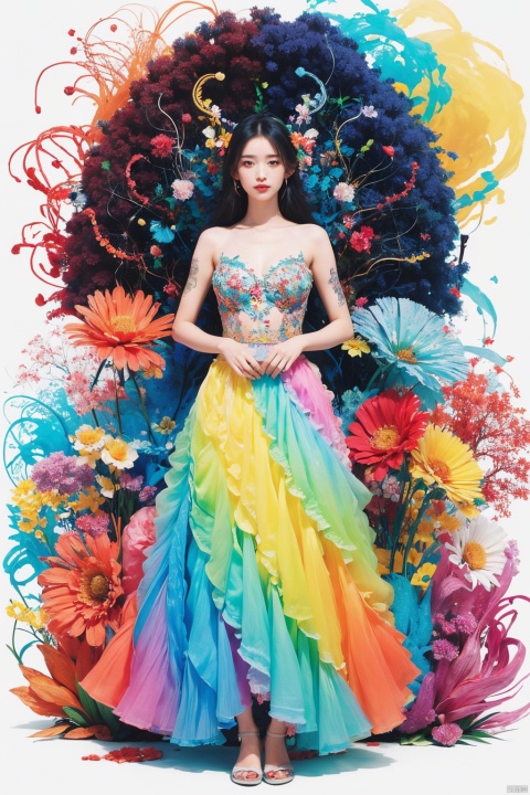  offcial art, colorful, Colorful background, splash of color
A beautiful woman with delicate facial features, big breasts, full body portrait, tattoo all over body, flower arms, Surrounded by strange Animal stitched puppets, movie perspective, advertising style,
,girl, flowing skirts,（smoke）,Giant flowers, 1girl,moyou