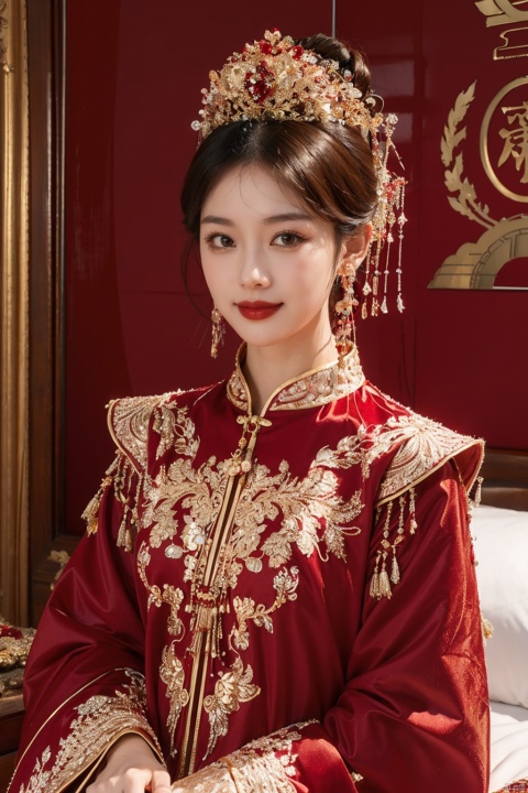  masterpiece, best quality, masterpiece,best quality,official art,extremely detailed CG unity 8k wallpaper, 1girl, red and gold dress,tiara,Red Dress,Feng Guan Xia,long sleeves, red and gold clothes,facing viewer,looking at viewer,happy sugar life,Happy,petals, red and gold clothes, red and gold clothes,Happy,Happy, happy,No lip makeup,Small Lips,bed,long hair,moyou