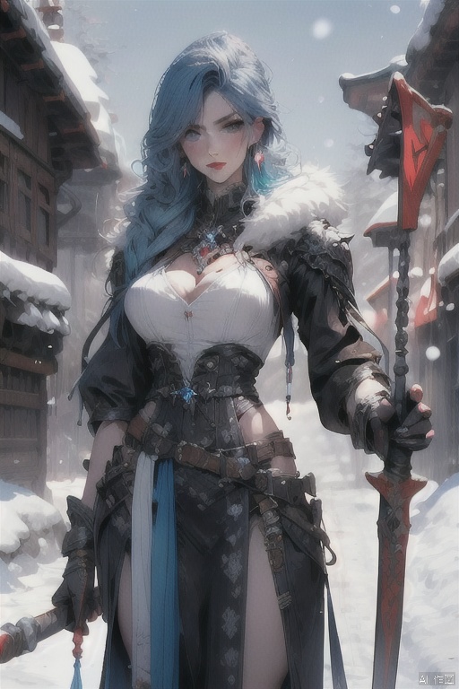 solo, long hair, looking at viewer, blue eyes, gloves, long sleeves, 1girl, jewelry, blue hair, weapon,, earrings, fur trim, gem, tassel, androgynous, ice, crystal,ice crystal,snow shelter, Gigantic breasts, heart-shaped_pupils, tutuzz,dragon girl,blue theme,bule flame,winter clothes, fantasy