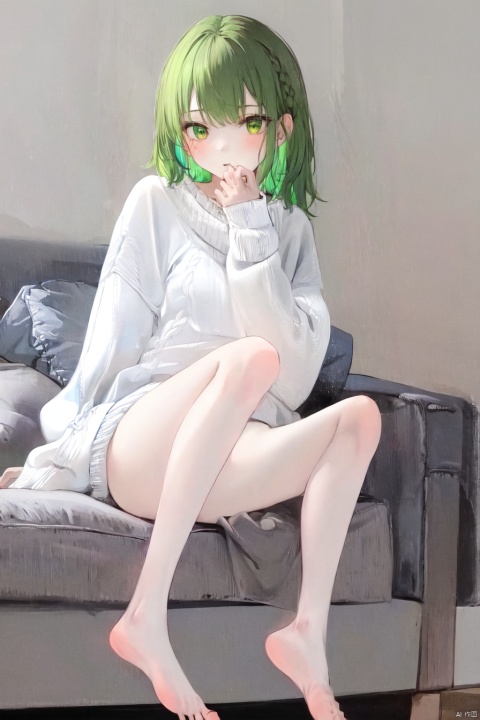  masterpiece,best quality,extremelydetailed,green hair,sweater,A girl in white, full_body, sitting, barefoot, soles,toenails