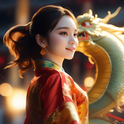 1girl,look_at_camera,Chinese dragon,side_view,chinese_clothes,golden 
dress, smile,The girl and the Chinese dragon,in_profile,close_up,cinematic
