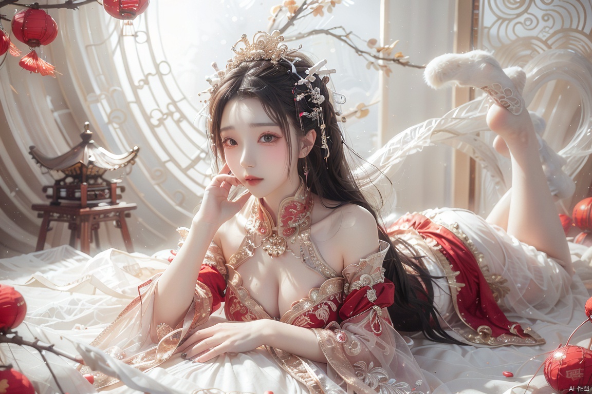  A girl with long black hair, Extreme detail,Chinese long skirts,Lie on your side,Look at it affectionately,Perfect face,plump