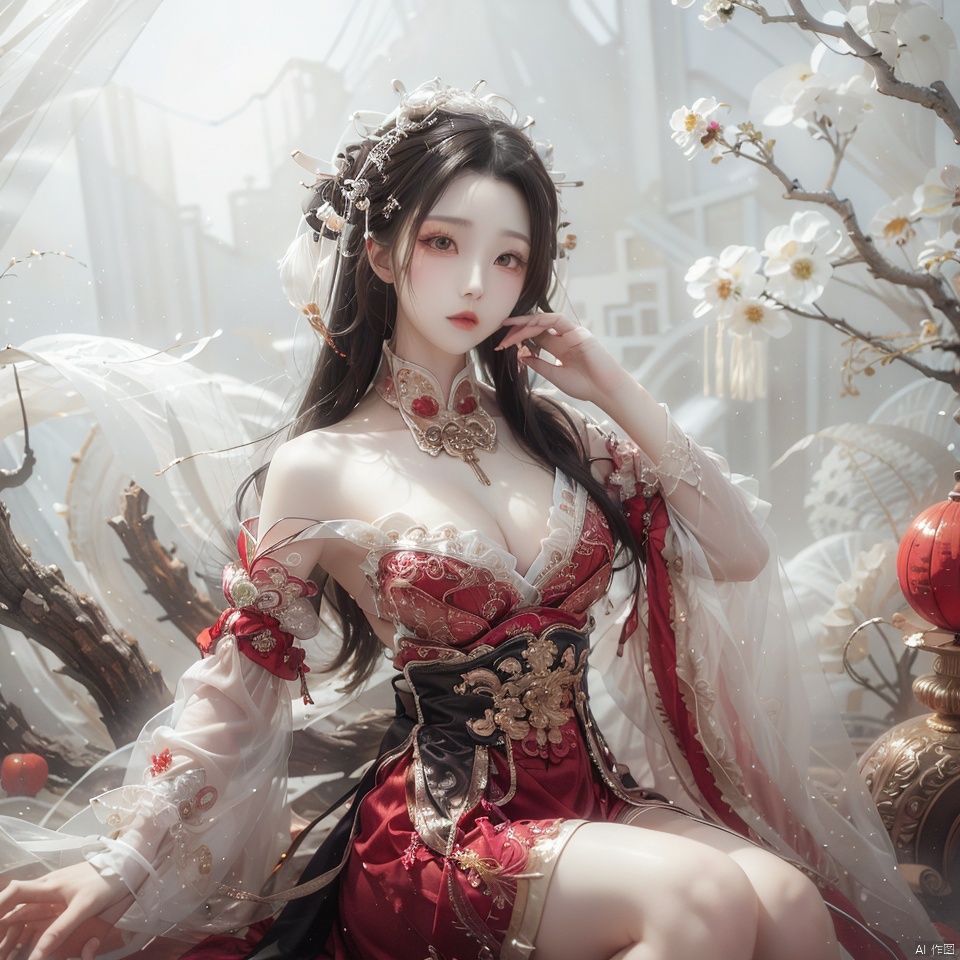  A girl with long black hair, Extreme detail,Chinese long skirts,Sitting,Look at it affectionately,Perfect face