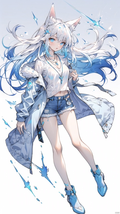  Denim shorts, blue and white laser jacket, shirt, necklace, HTTP,fox, animal ears, long hair,furry,jewelry, masterpiece, Splash color,((gradient hair), blue+(white)hair//), bangs,glowing eyes,full_body, 