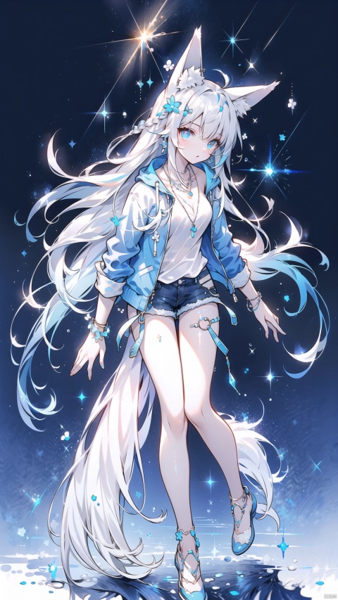  Denim shorts, blue and white laser jacket, shirt, necklace, HTTP,fox, animal ears, long hair,furry,jewelry, masterpiece, Splash color,((gradient hair), blue+(white)hair//), bangs,glowing eyes,full_body