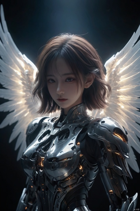  Award-winning work, beautiful angel, light through angel wings, facing the lens, strong light and dark contrast, dramatic lighting, dark tone photos, movie tone, horror atmosphere, high definition, 8k, Sony movie machine shooting,dark, HUBG_Mecha_Armor