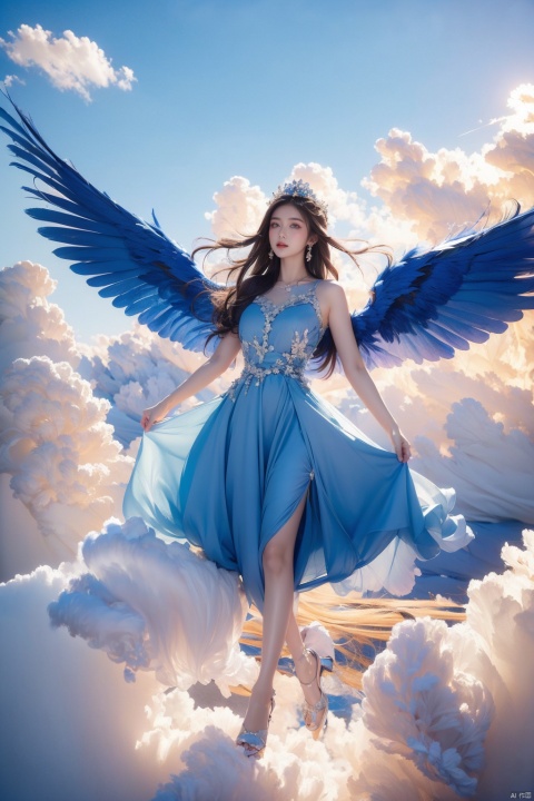  1girl, blue dress, angel wings,blue wings, blue sky and white clouds,Flying, High in the air,half body