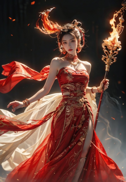  masterpiece, official art, extremely detailed cg unity 8k wallpaper, highly detailed, absurdres, 8k resolution, 1girl, long hair, solo, black hair, dress, holding, fire, white dress, staff, barefoot, jewelry, dark skin, long dress, breasts, weapon, full body, polearm, holding staff, bracelet, looking at viewer, dark-skinned female, standing, torn clothes, blood, spear, holding weapon, medium breasts, floating hair, closed mouth, embers, holding polearm , depth of field, panorama, cinematic lighting, ray tracing,