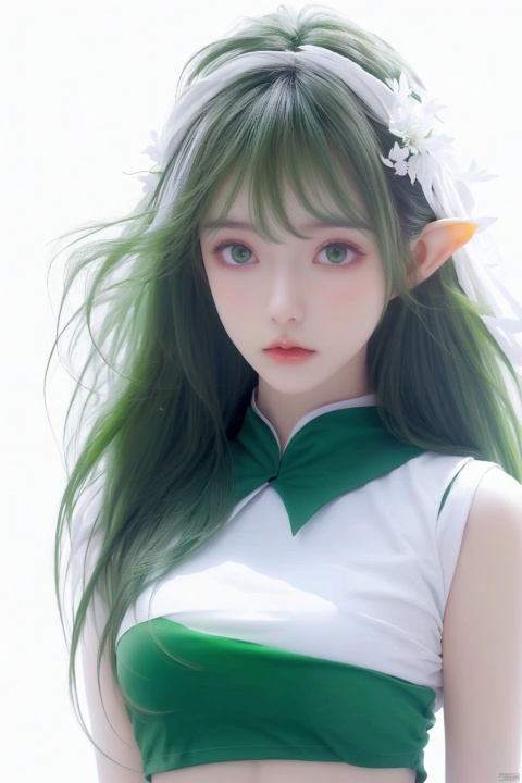  [(white background:1.4)::4], solo
solo, 1girl, elf, 
green eyes,, floating hair, green gradient hair,
upper body, (cropped torso),
looking at viewer, expressionless,sideways,
white background, fantasy, aster, garden, green leaves, fflogo, azur lane, ((poakl))