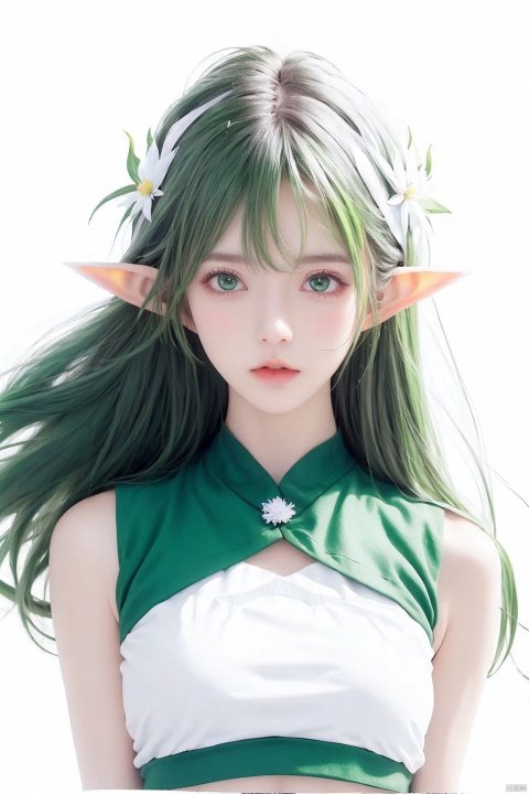  [(white background:1.4)::4], solo
solo, 1girl, elf, 
green eyes,, floating hair, green gradient hair,
upper body, (cropped torso),
looking at viewer, expressionless,sideways,
white background, fantasy, aster, garden, green leaves, fflogo, azur lane, ((poakl))