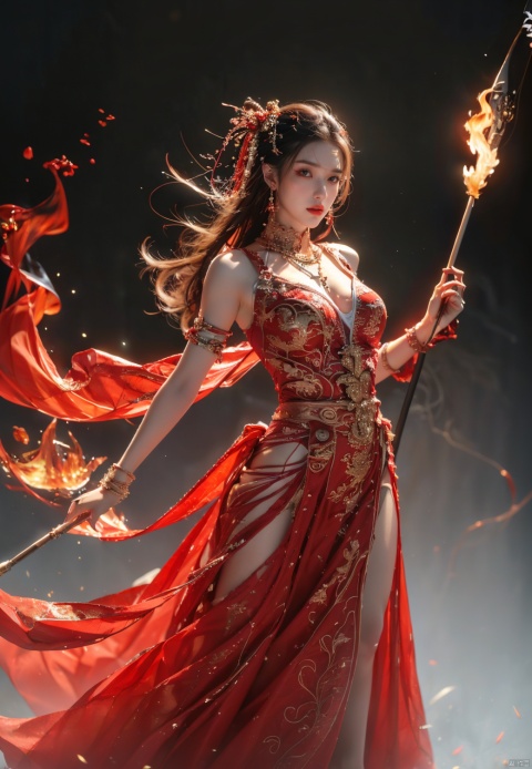  masterpiece, official art, extremely detailed cg unity 8k wallpaper, highly detailed, absurdres, 8k resolution, 1girl, long hair, solo, black hair, dress, holding, fire, white dress, staff, barefoot, jewelry, dark skin, long dress, breasts, weapon, full body, polearm, holding staff, bracelet, looking at viewer, dark-skinned female, standing, torn clothes, blood, spear, holding weapon, medium breasts, floating hair, closed mouth, embers, holding polearm , depth of field, panorama, cinematic lighting, ray tracing,