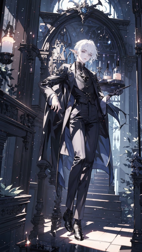  A white haired vampire,handsome boy,solo,Gothic clothing,full body,phenomenal aesthetic, sumptuous artwork, (masterpiece), (best quality), (ultra-detailed), ((an extremely delicate)),broken glass,serious expression,colorful,Fine drawn facial details,Black trousers,Black leather shoes,Elf Ears