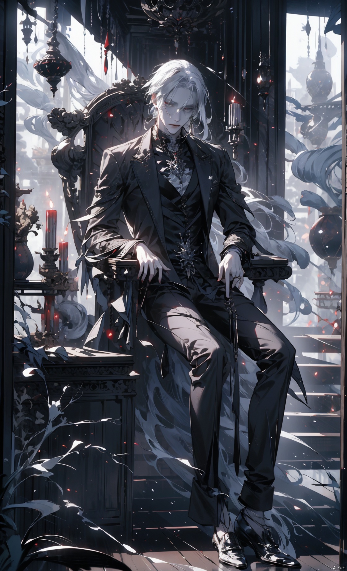  A white haired vampire,handsome boy,solo,Gothic clothing,full body,phenomenal aesthetic, sumptuous artwork, (masterpiece), (best quality), (ultra-detailed), ((an extremely delicate)),broken glass,serious expression,sitting,colorful,Fine drawn facial details,Black trousers,Black shoes