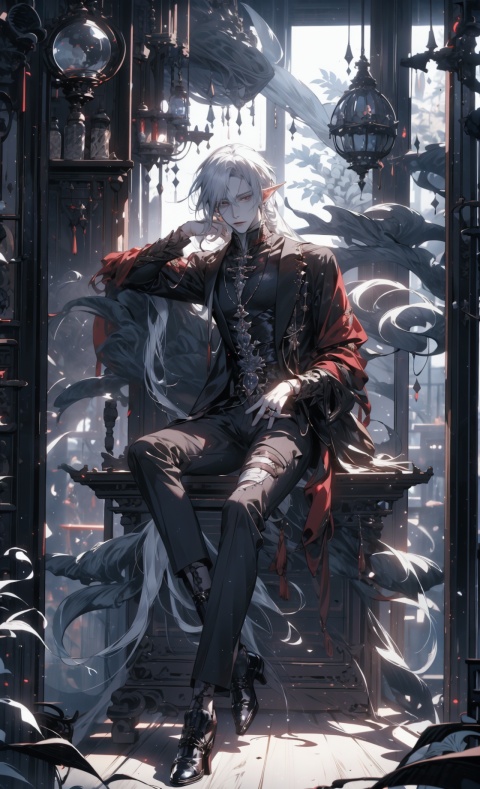  A white haired vampire,handsome boy,solo,Gothic clothing,full body,phenomenal aesthetic, sumptuous artwork, (masterpiece), (best quality), (ultra-detailed), ((an extremely delicate)),broken glass,serious expression,sitting,colorful,Fine drawn facial details,Black trousers,Black leather shoes,Elf Ears