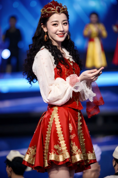 PHOTOREALISTIC REALISTIC,masterpiece,best quality,highres,ultra detailed,8k,dilireba, 1woman, xinjiang red costume suit look, xinjiang red veil tiara, xinjiang white long frilled sleeves shirt, xinjiang red vest, xinjiang curly hair, xinjiang red long skirt, xinjiang earrings, xinjiang costume makeup, xinjiang golden high heel boots, stage, dance perform, looking at viewer, dancing,cowboy shot, smile, white skin, depth of field, blurry background,