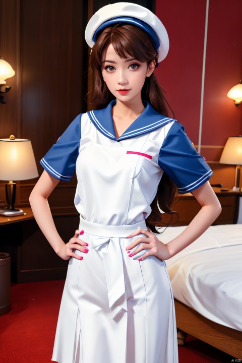 PHOTOREALISTIC REALISTIC,masterpiece,best quality,highres,ultra detailed,8k,1woman,cowboy shot,hands on hips,strobe lighting,airline stewardess outfit,airline stewardess hat,serious,makeup,lipstick,hotel room,
