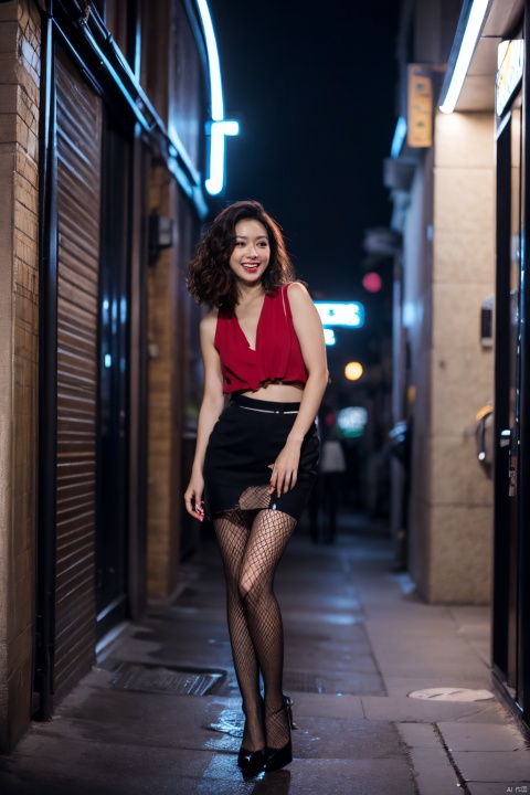 1girl,makeup,red lipstick, open mouth,grin,standing, (mid-20s), curvy, alluring gaze, red lipstick, wavy hair, shoulder-length, (beauty mark on lip:1.2), high heels, fishnets, slit skirt, revealing top, leaning against pole, urban street, cityscape, night, streetlights, shadows, atmospheric, cinematic, sultry atmosphere, (soft focus:1.3), neon signs, alleyway, suggestive pose, , wangzuxian, woman, xuekaiqi