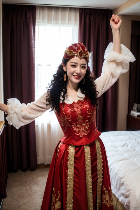 PHOTOREALISTIC REALISTIC,masterpiece,best quality,highres,ultra detailed,8k,dilireba, 1woman, xinjiang red costume suit look, xinjiang red veil tiara, xinjiang white long frilled sleeves shirt, xinjiang red vest, xinjiang curly hair, xinjiang red long skirt, xinjiang earrings, xinjiang costume makeup,looking at viewer, dancing,open arms,cowboy shot, smile,teeth, white skin, hotel room,bed,strobe lighting,
