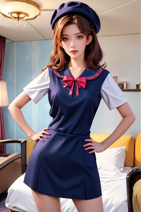 PHOTOREALISTIC REALISTIC,masterpiece,best quality,highres,ultra detailed,8k,1woman,cowboy shot,hands on hips,strobe lighting,stewardess outfit,stewardess hat,serious,makeup,lipstick,hotel room,