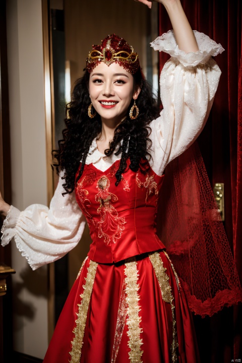 PHOTOREALISTIC REALISTIC,masterpiece,best quality,highres,ultra detailed,8k,dilireba,1woman, xinjiang red costume suit look, xinjiang red veil tiara, xinjiang white long frilled sleeves shirt, xinjiang red vest, xinjiang curly hair, xinjiang red long skirt, xinjiang earrings, xinjiang costume makeup,looking at viewer, dancing,open arms,cowboy shot, smile,teeth, white skin, hotel room,bed,strobe lighting,