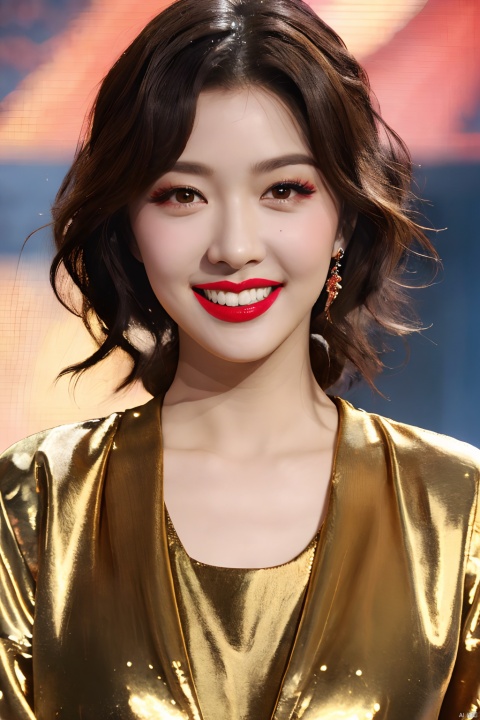  PHOTOREALISTIC REALISTIC,masterpiece,best quality,highres,ultra detailed,8k,1woman,portrait, makeup,lipstick,looking at viewer,smile,teeth,stage,stage light,