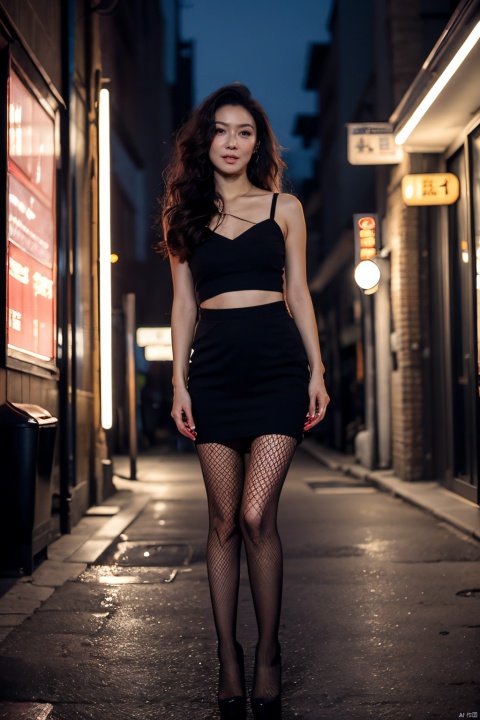 1girl, seductive, standing, (mid-20s), curvy, alluring gaze, red lipstick, wavy hair, shoulder-length, (beauty mark on lip:1.2), high heels, fishnets, slit skirt, revealing top, leaning against pole, urban street, cityscape, night, streetlights, shadows, atmospheric, cinematic, sultry atmosphere, (soft focus:1.3), neon signs, alleyway, suggestive pose, , wangzuxian, woman, xuekaiqi