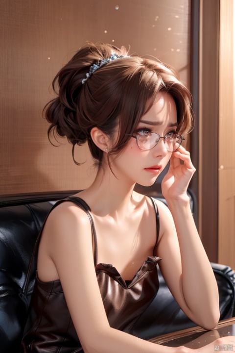  (Masterpiece, best picture quality, realistic), girl,makeup,lipstick,glasses,crying,upset,tears,updo, red Gothic, leather sofa, Queen Sitting, tabletop display, clock background, crazy details, contour light, flash effects, Sharpening, mole on left cheek, xuekaiqi