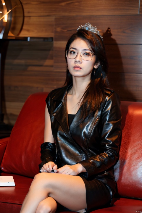  (Masterpiece, best picture quality, realistic), girl, glasses,(cross-eyed), puckered lips, black hair, red Gothic, leather sofa, Queen Sitting, tabletop display, clock background, crazy details, contour light, flash effects, Sharpening, jiajingwen