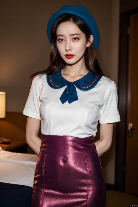  PHOTOREALISTIC REALISTIC,masterpiece,best quality,highres,ultra detailed,8k,1woman,cowboy shot,arms behind back,strobe lighting,stewardess outfit,stewardess hat,crying,teers,makeup,lipstick,hotel room, mengziyi