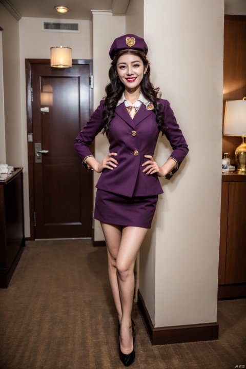  PHOTOREALISTIC REALISTIC,masterpiece,best quality,highres,ultra detailed,8k,1woman,strobe lighting,stewardess outfit,stewardess hat,full body,smile,makeup,lipstick,hotel room,white skin, hands on hips
