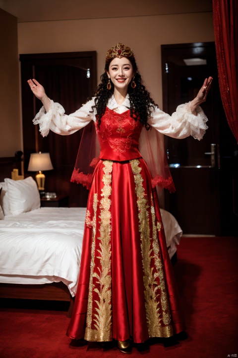 PHOTOREALISTIC REALISTIC,masterpiece,best quality,highres,ultra detailed,8k,dilireba,strobe lighting,1woman, xinjiang red costume suit look, xinjiang red veil tiara, xinjiang white long frilled sleeves shirt, xinjiang red vest, xinjiang curly hair,xinjiang red long skirt,xinjiang golden high heel boots, xinjiang earrings, xinjiang costume makeup,looking at viewer, dancing,open arms,full body, smile,teeth, white skin, hotel room,bed,
