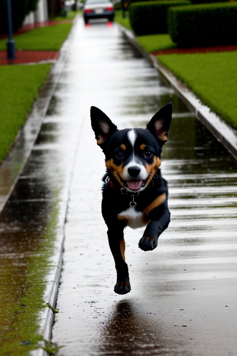 A little dog running on a rainy day, hybrid
