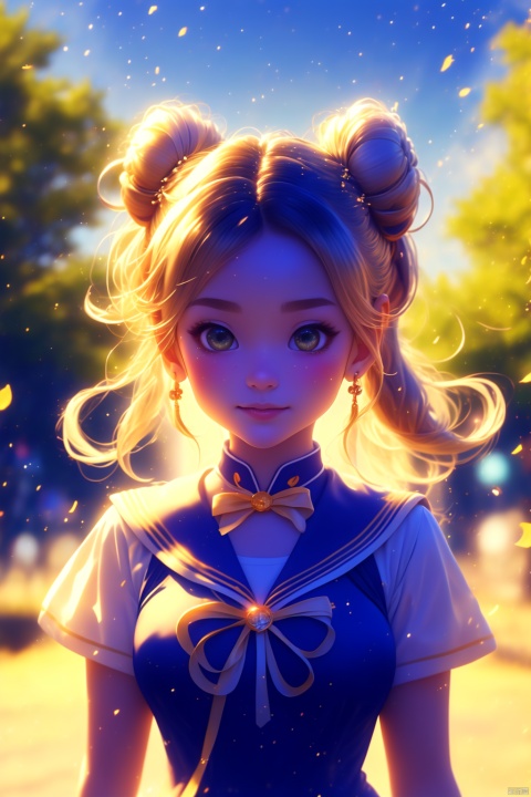Pure, lovely, girl, 18 years old, double bun, double bun, long hair, high ponytail, double ponytail, red bow, outdoor, blue sailor collar,sailor senshi uniform, jewelry, student clothing, extremely detailed eyes and face, masterpiece, best quality, tsukino usagi, tubiao, (\shen ming shao nv\)