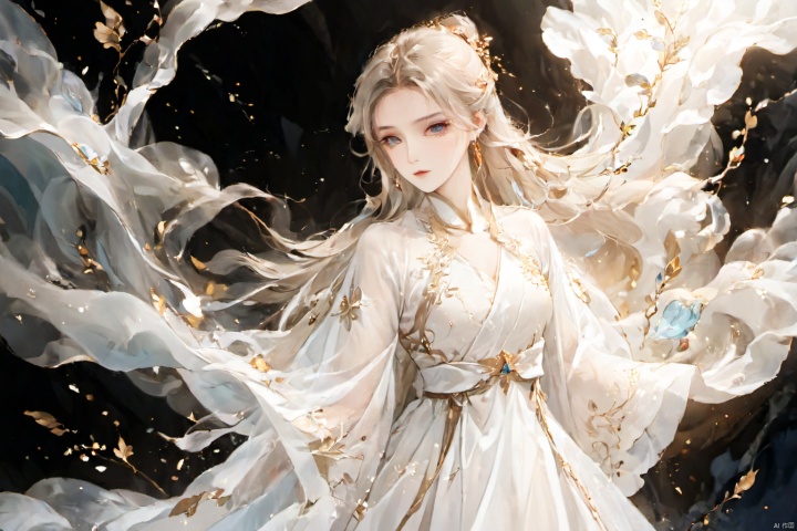 Stunning, Masterpiece, Masterpiece, Highest Image Quality, Detailed Face, Detailed Body, Flowers, Extreme Light and Shadow, Antique, Beauty, Upper Body, Ribbon, White hair, corolla, gems, long hair floating, beautiful girl, atmosphere, wind, white Hanfu, big sleeve shirt, white antique dress, beam,