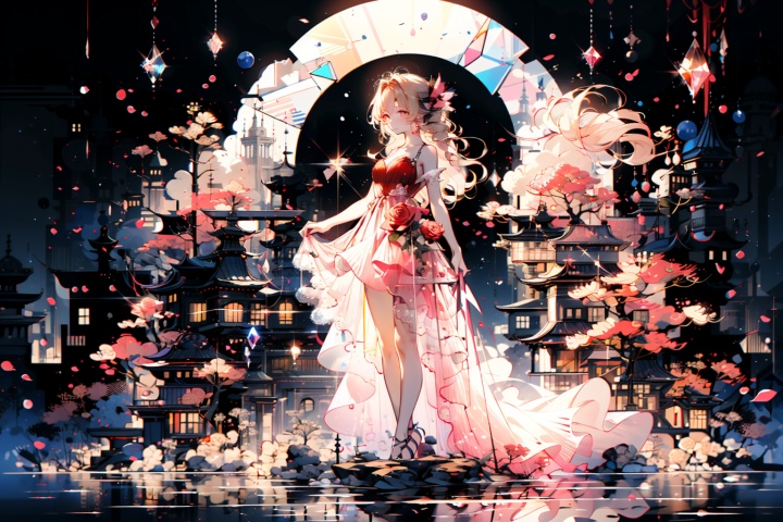 best quality,masterpiece,8k,glowing，Fractal art,A girl,long blond hair，pink roses，a broken mirrorIce crystal，red dress，gauze dress，crystal material，pink crystal will shatter like glass，light and shadow effect