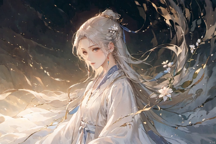  Stunning, Masterpiece, Masterpiece, Highest Image Quality, Detailed Face, Detailed Body, Flowers, Extreme Light and Shadow, Antique, Beauty, Upper Body, Ribbon, White hair, corolla, gems, long hair floating, beautiful girl, atmosphere, wind, white Hanfu, big sleeve shirt, white antique dress, beam,