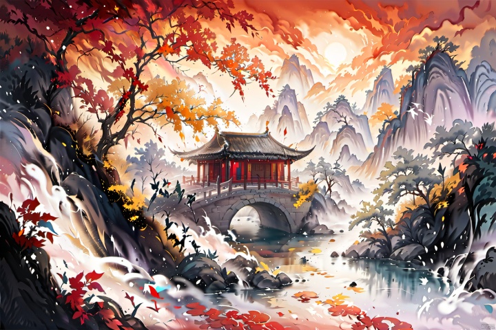  8k, best quality, high-rise :1.1) Chinese ink painting, traditional Chinese architecture in an urban landscape that resembles a dense forest, Brilliance, Clouds Light, Forbidden City,all on a hill, with flowing water and meticulous detail elements. Kongming light, clouds and