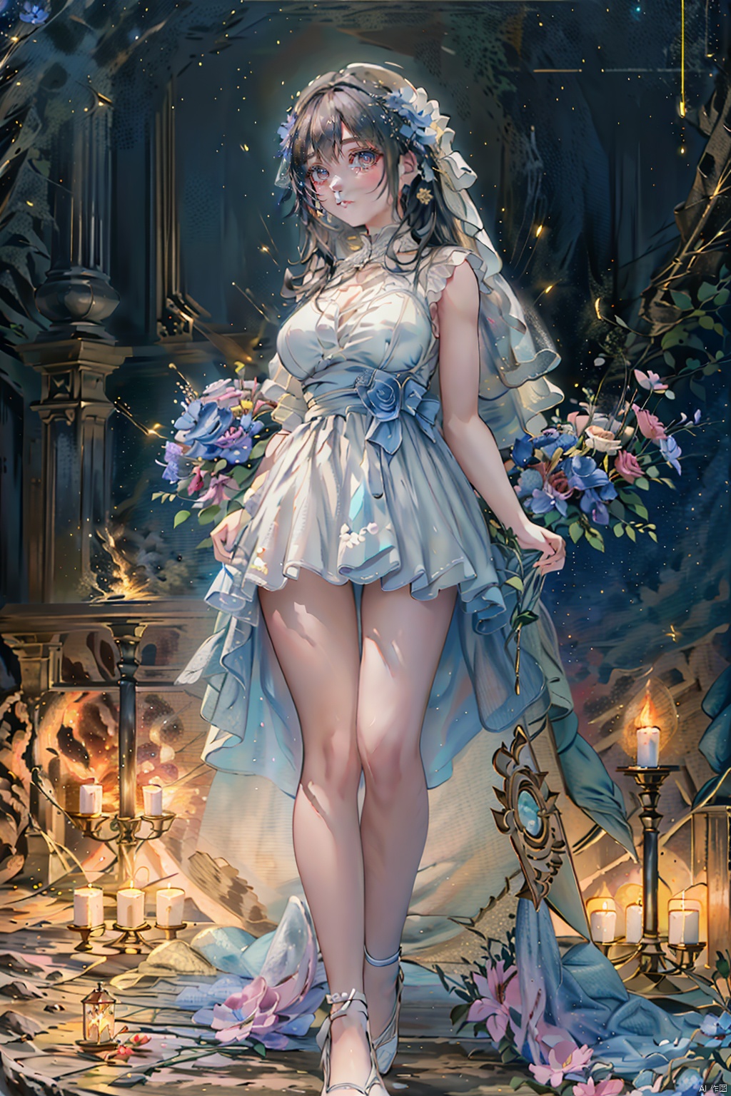 masterpiece, best quality, high quality,extremely detailed CG unity 8k wallpaper,  (blue),glowing flowers, light, creating a sense of mystique and enchantment, BREAK, 1girl, solo, fireflies:1.5, full body,big wedding，blue flowers, white bouquets，artstation, digital illustration, intricate, trending, pastel colors, oil paiting, award winning photography, Bokeh, Depth of Field, HDR, bloom, Chromatic Aberration ,Photorealistic,extremely detailed, trending on artstation, trending on CGsociety, Intricate, High Detail, dramatic, 1girl, xinniang,qbxjl,backlight