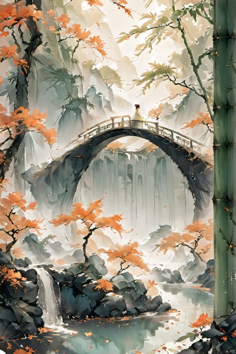 Vista: The outline of the pavilions is depicted in light ink and fine brushstrokes. The whole picture, shrouded in clouds and rendered in light ink, adds a layer of dreaminess and mystery to the whole scene :1.2). Middle scene :(in a peaceful bamboo forest. An ancient bridge quietly straddles the water, the bridge is outlined in ink and the water is rendered in light ink :1.3). Close up :(1) The girl stands under the old tree, her eyes are clear and deep, and she is lightly smudged with light ink. Delicate eyebrows. Open your lips slightly. Rosy face, rendered in light ink. The hair is thick and shiny, and the dark black hair falls like a waterfall). (Wearing a soft satin dress, the shine and flow of the dress were expressed through different shades of ink. Around his waist was an embroidered sash, embroidered with delicate patterns. Wearing a veil of light. Embroidered shoes on the feet, the pattern on the upper shoe is described with fine brush strokes :1.4). (Atmospheric view, panoramic view, whole body), ananmo,山水如画