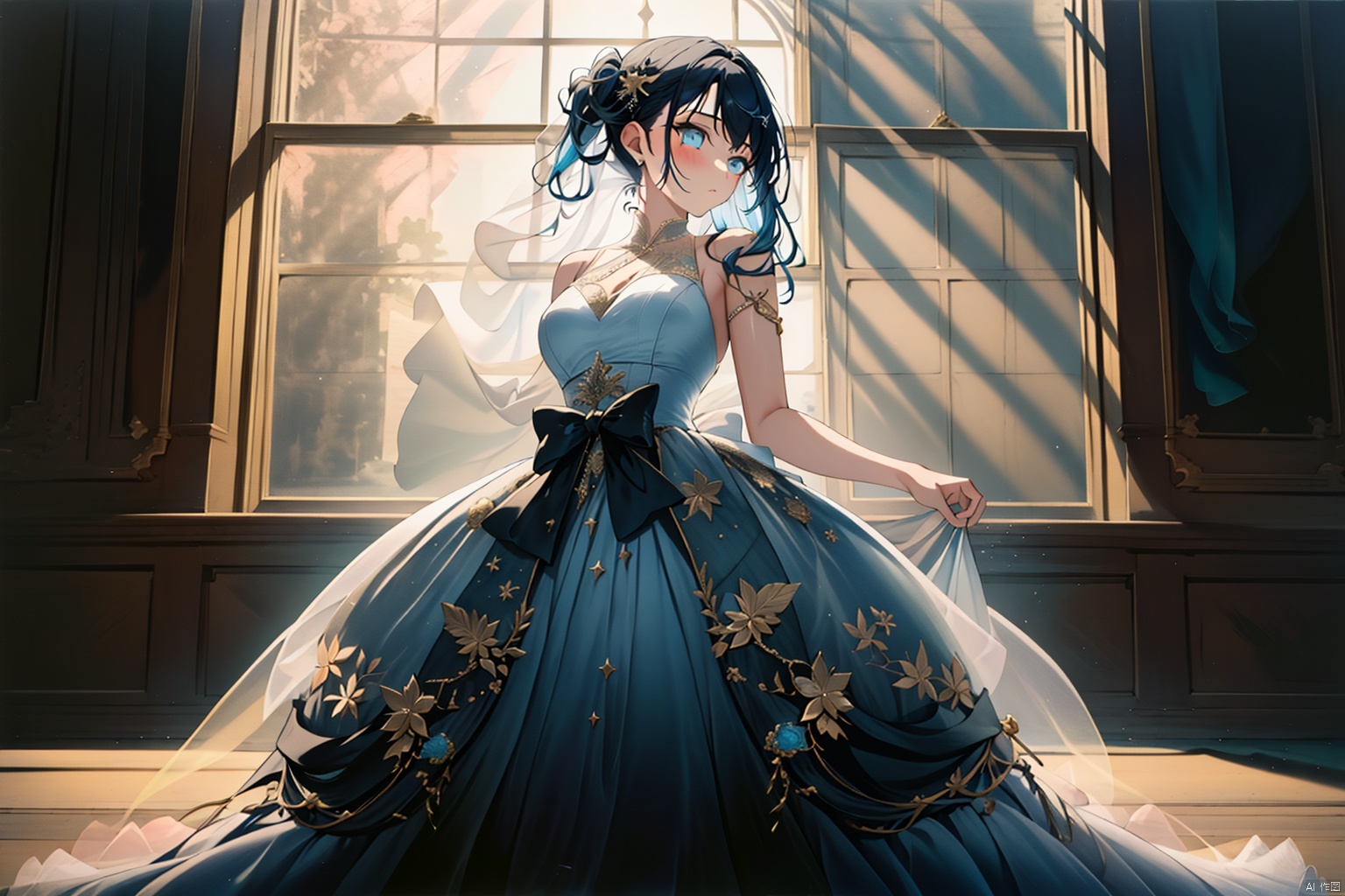 A girl, panorama, full length, super clear, strong color contrast, extreme light and shadow, masterpiece, rich details, fine features, wedding dress, hazy, blue hair, golden pupil, indifferent