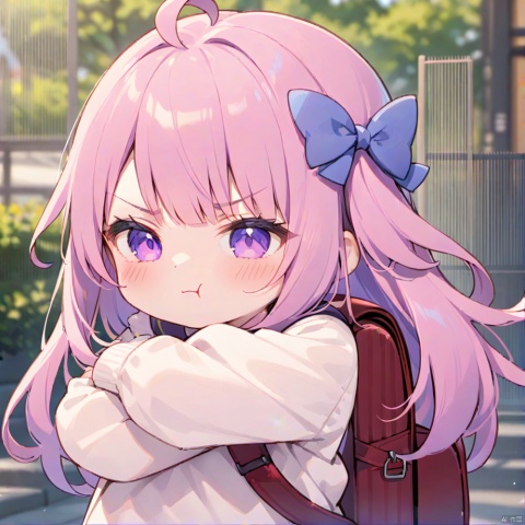 1girl, solo, long hair, blush, bangs, long sleeves, bow, closed mouth, purple eyes, Colorful hair ahoge, hair bow, outdoors, bag, chibi, blurry, two side up, v-shaped eyebrows, depth of field, blurry background, blue bow, crossed arms, backpack, :t, pout, randoseru, raidenshogundef