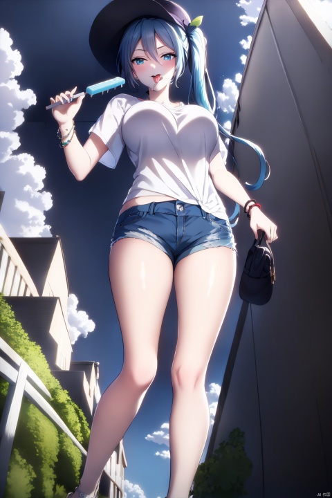  (masterpiece), (bestquality),solo,artist赤隼, 1girl, hat, long hair, hatsune miku, shorts, outdoors, food, twintails, popsicle, sky, power lines, cat, holding, straw hat, day, shirt, cloud, denim shorts, walking, denim, white shirt, utility pole, aqua hair, jewelry, solo, sandals, bag, from below, blue sky, short shorts, very long hair, aqua eyes, twitter username, holding food, short sleeves, standing, looking at viewer, blue shorts, hair between eyes, cutoffs, summer, eating, tongue, animal, building, bare legs, t-shirt, bracelet, anklet, floating hair, tongue out, bangs, seductive eyes,big_breasts