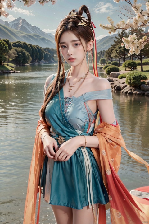 1girl, solo, looking at viewer, short hair, blonde hair, dress, bare shoulders, brown eyes, jewelry, pantyhose, earrings, outdoors, day, water, necklace, off shoulder, sweater, tree, lips, makeup, cherry blossoms, mountain, hands in pockets, sweater dress, off-shoulder sweater, river, lake, baiyuekui,moyou, ((poakl)), yue , hair ornament , hanfu