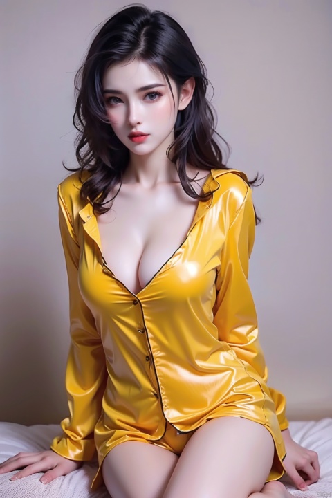 8k, RAW photo, best quality, masterpiece, realistic, 
1girl, long hair, black hair, large breasts, cleavage, frills, white shirt, sitting, looking at viewer, cowboy shot, Tight latex clothing, JK, pajama,yellow theme