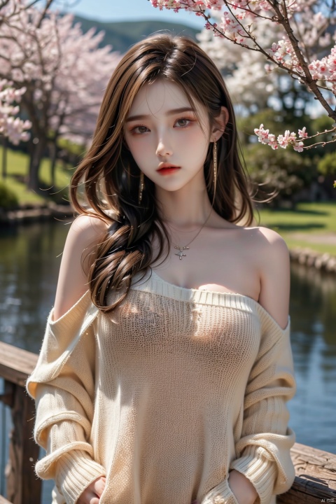 1girl, solo, looking at viewer, short hair, blonde hair, dress, bare shoulders, brown eyes, jewelry, pantyhose, earrings, outdoors, day, water, necklace, off shoulder, sweater, tree, lips, makeup, cherry blossoms, mountain, hands in pockets, sweater dress, off-shoulder sweater, river, lake, baiyuekui,moyou, ((poakl))